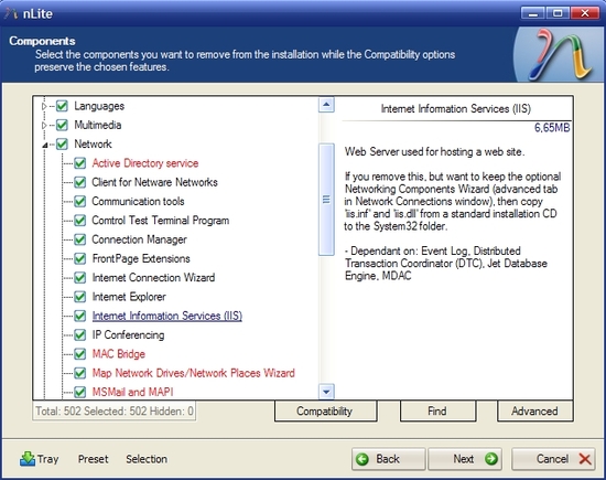 nLite screenshot - remove and install windows components