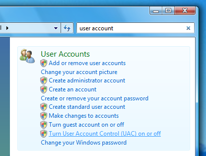 Search User account control option via vista search box