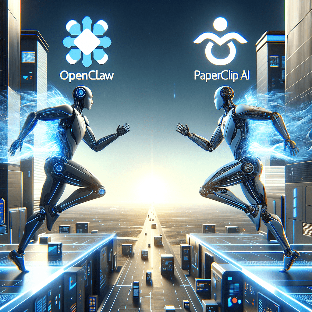 Futuristic AI robots symbolizing OpenClaw and PaperClip AI compete in a glowing digital cityscape.