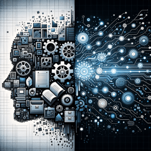 Digital illustration of a human head made of gears and circuits symbolizing artificial intelligence.
