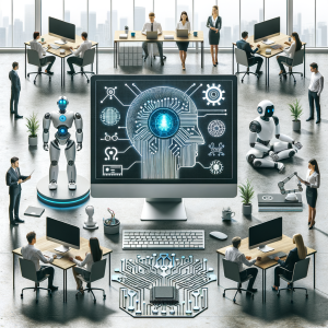 Modern office with AI and robotics technology integrated, workers using computers and robotic arms assisting tasks.