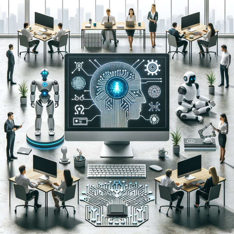 Modern office with AI and robotics technology integrated, workers using computers and robotic arms assisting tasks.