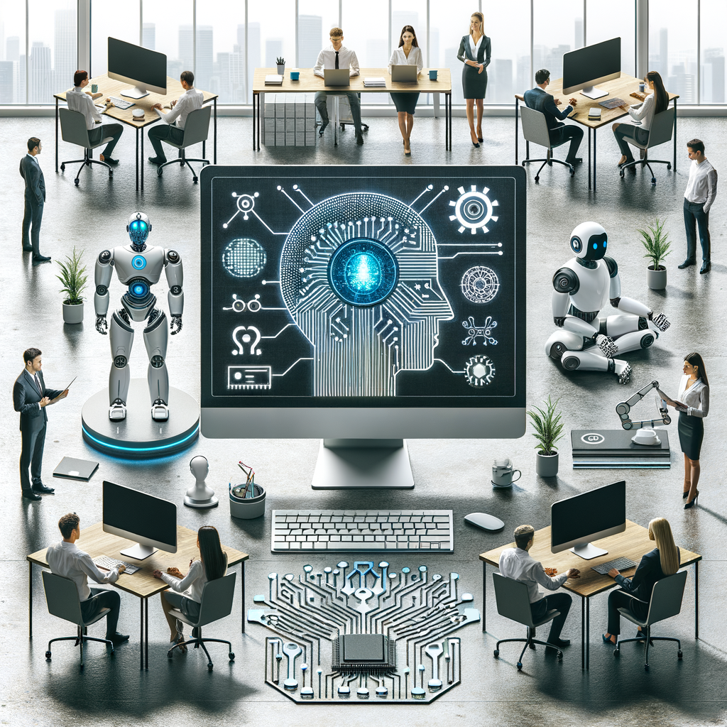Modern office with AI and robotics technology integrated, workers using computers and robotic arms assisting tasks.