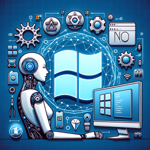 Futuristic AI robot interacting with floating Windows and technology icons in a digital environment.