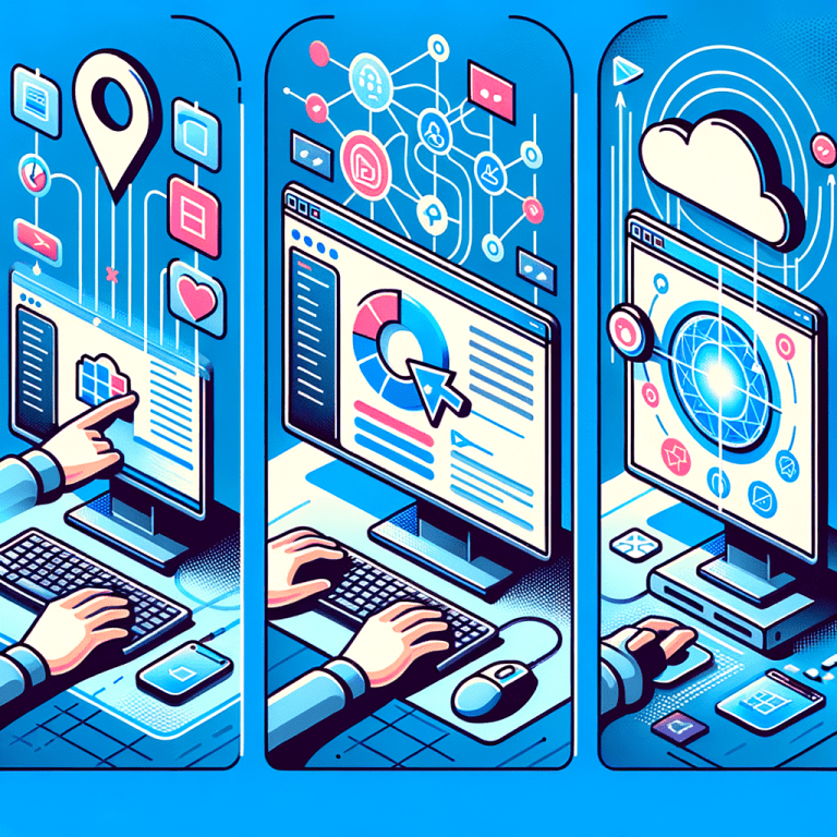 Isometric illustration showing digital data analysis and cloud computing on multiple connected computer screens.