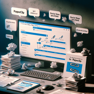 Desktop computer showing PaperClip software on screen, surrounded by office supplies and crumpled papers.