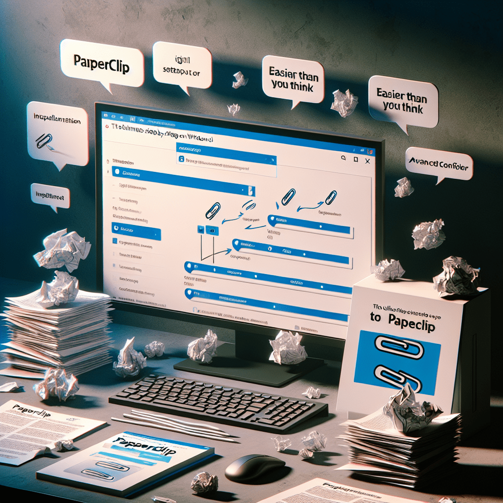 Desktop computer showing PaperClip software on screen, surrounded by office supplies and crumpled papers.