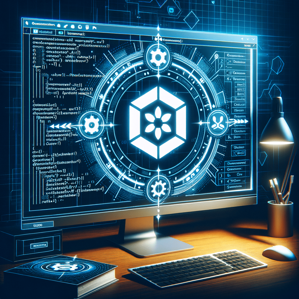 Futuristic computer screen showing advanced cybersecurity software with code and digital security icons.