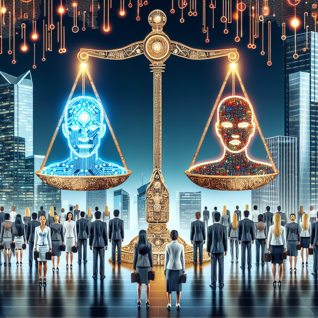 Digital scale balancing AI technology and human intelligence with businesspeople in a futuristic cityscape.