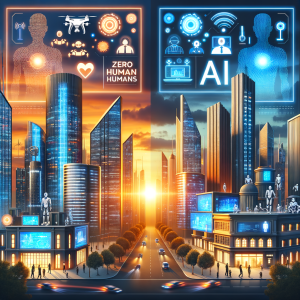 Futuristic smart city with advanced AI technology and automation, showing no humans present.