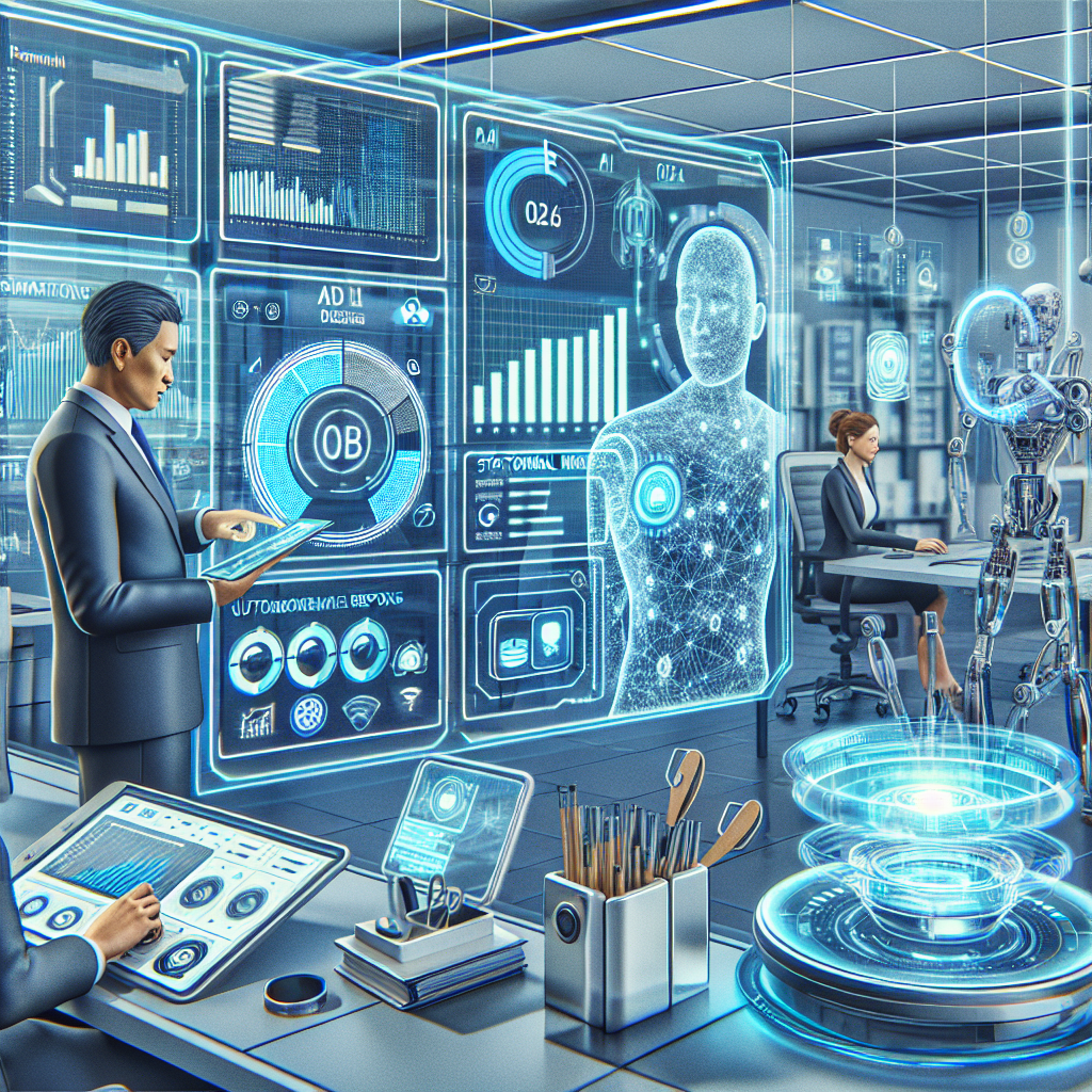 Futuristic lab with scientists examining holographic AI and robotics data displays.
