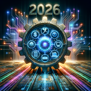 Futuristic 2026 digital icons glowing over a circuit board background, symbolizing AI productivity tools for business.