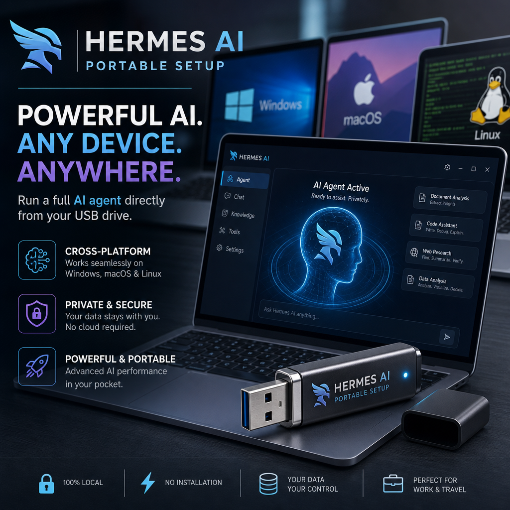 Portable USB drive setup connecting a laptop and desktop for seamless cross-platform AI agent use.