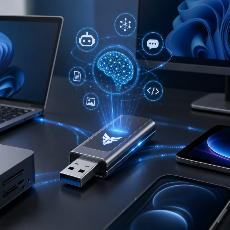 USB flash drive projecting holographic AI icons, surrounded by a smartphone and laptop on a white surface.