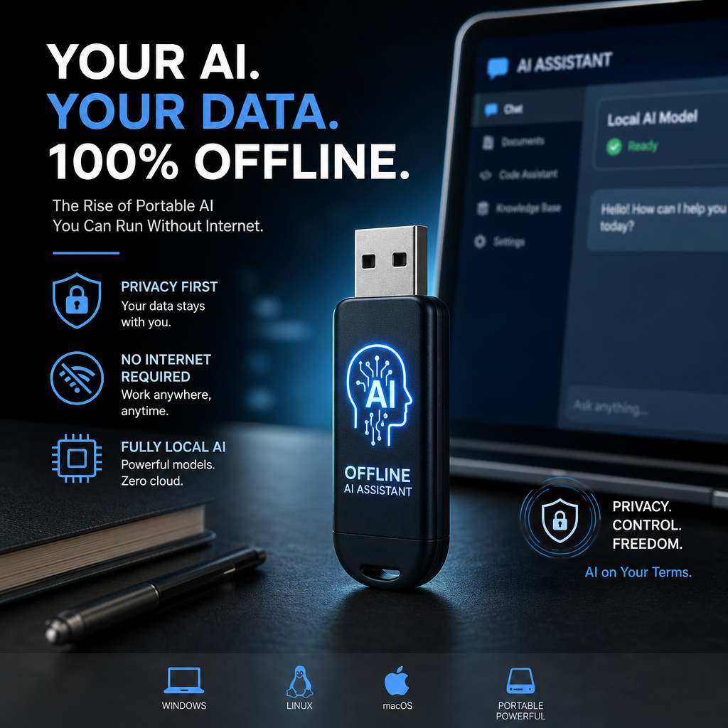 Close-up of a USB drive labeled "Portable AI Assistant" promoting offline, privacy-first AI for Windows, Linux, and macOS.