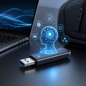 USB drive on laptop keyboard projecting holographic AI and cybersecurity icons, symbolizing offline AI assistant technology.