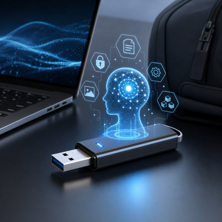 USB drive on laptop keyboard projecting holographic AI and cybersecurity icons, symbolizing offline AI assistant technology.