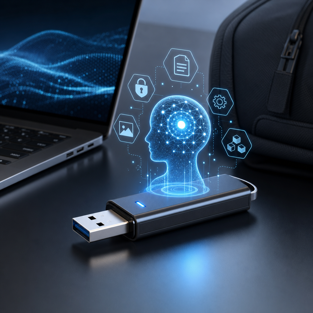 USB drive on laptop keyboard projecting holographic AI and cybersecurity icons, symbolizing offline AI assistant technology.