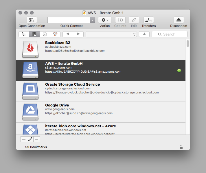 Cyberduck macOS interface with saved server and cloud bookmarks