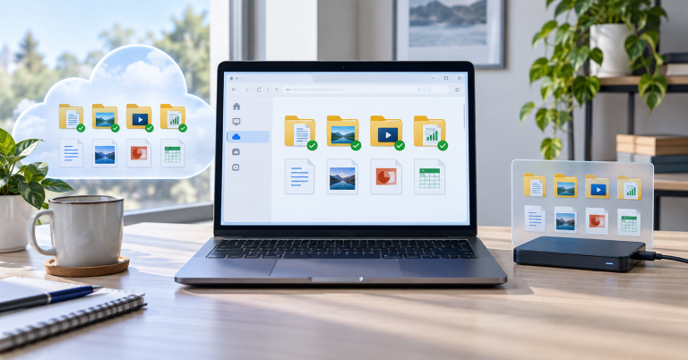 Free cloud storage and backup tools for Windows illustrated with synced files and a separate recovery copy