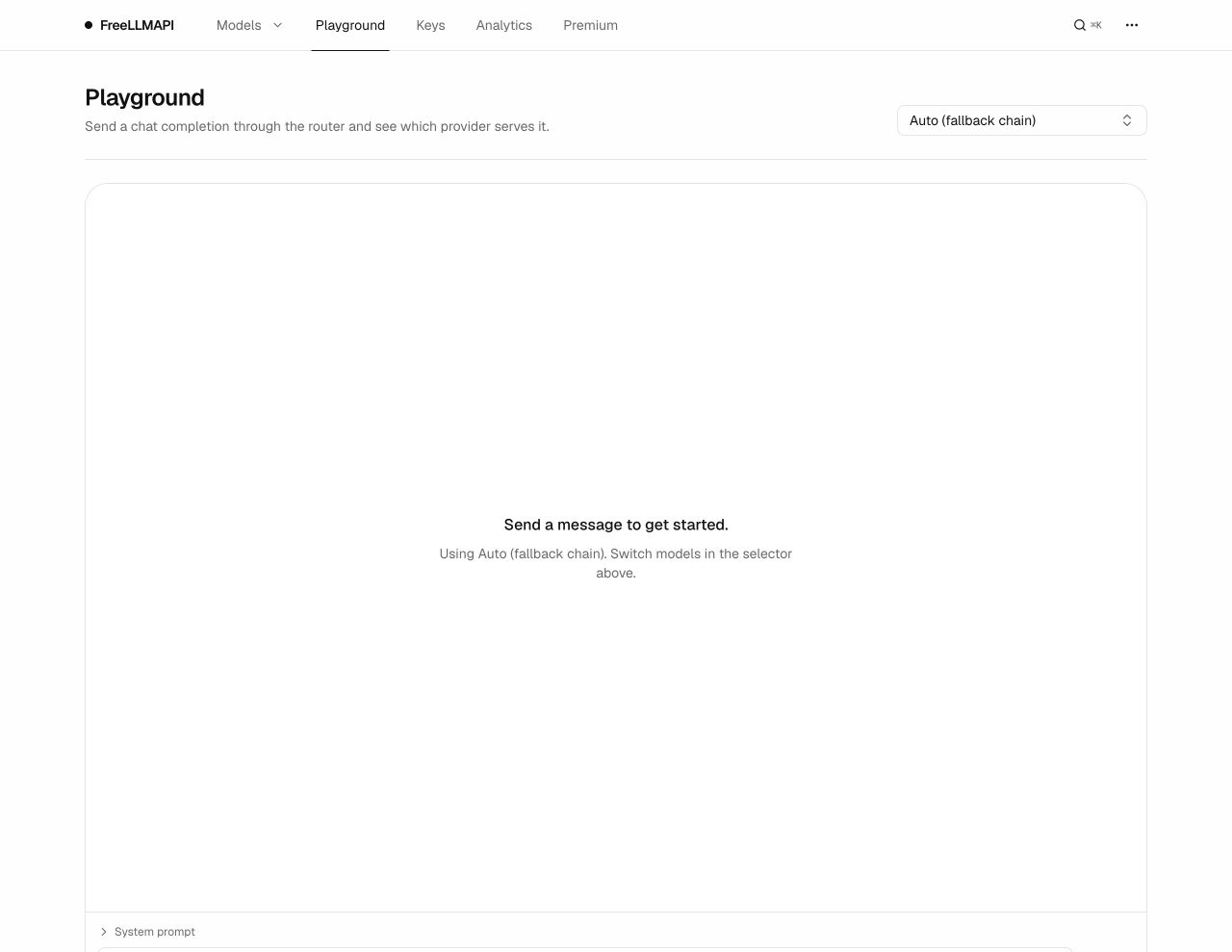 FreeLLMAPI Playground interface using the automatic fallback chain