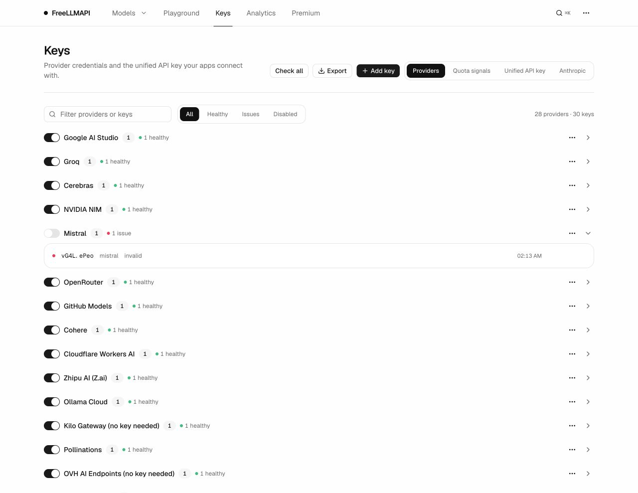 FreeLLMAPI provider keys dashboard showing configured upstream services