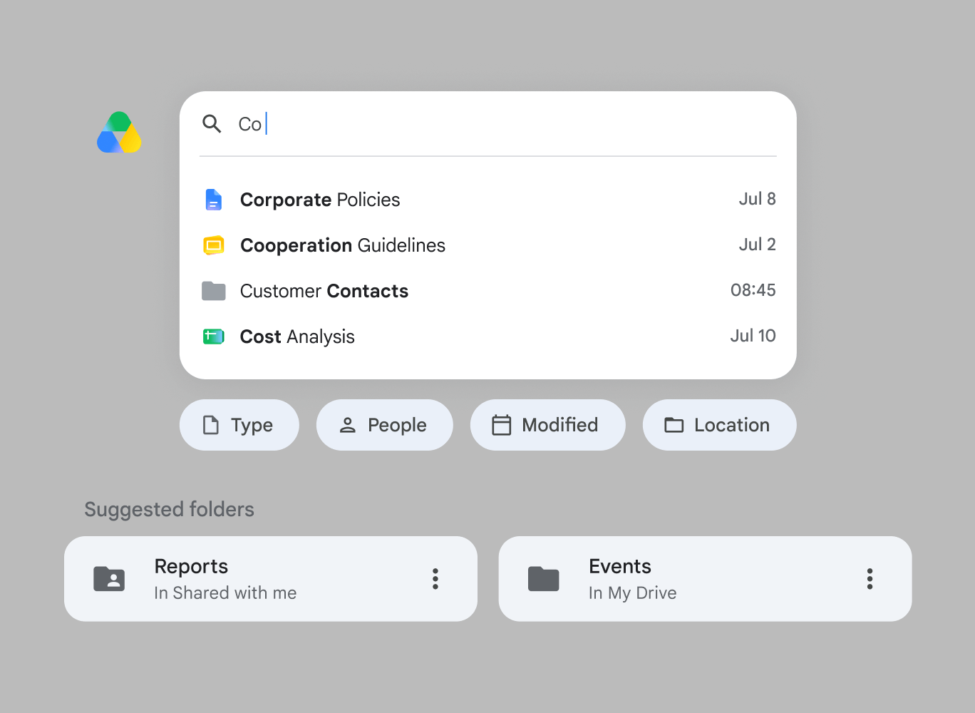 Official illustration of Google Drive search and folders