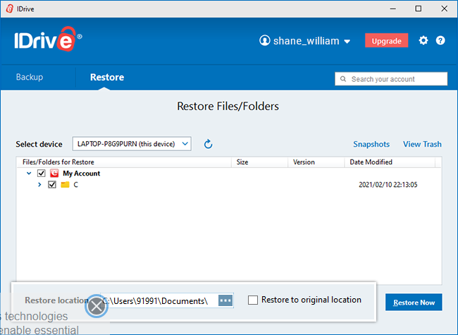 IDrive Basic desktop client restore screen