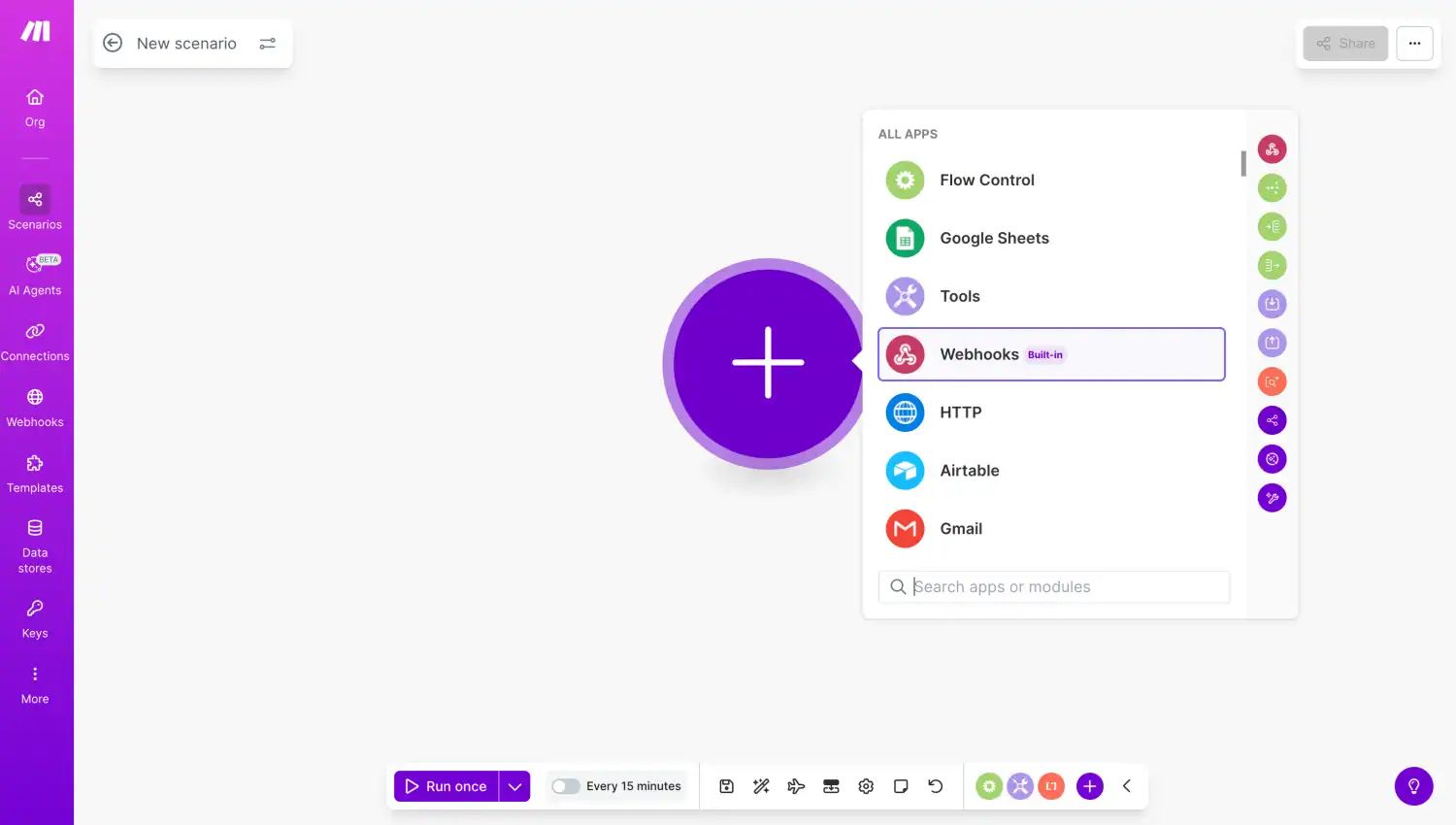 Make scenario editor screenshot for no-code AI workflow automation tools