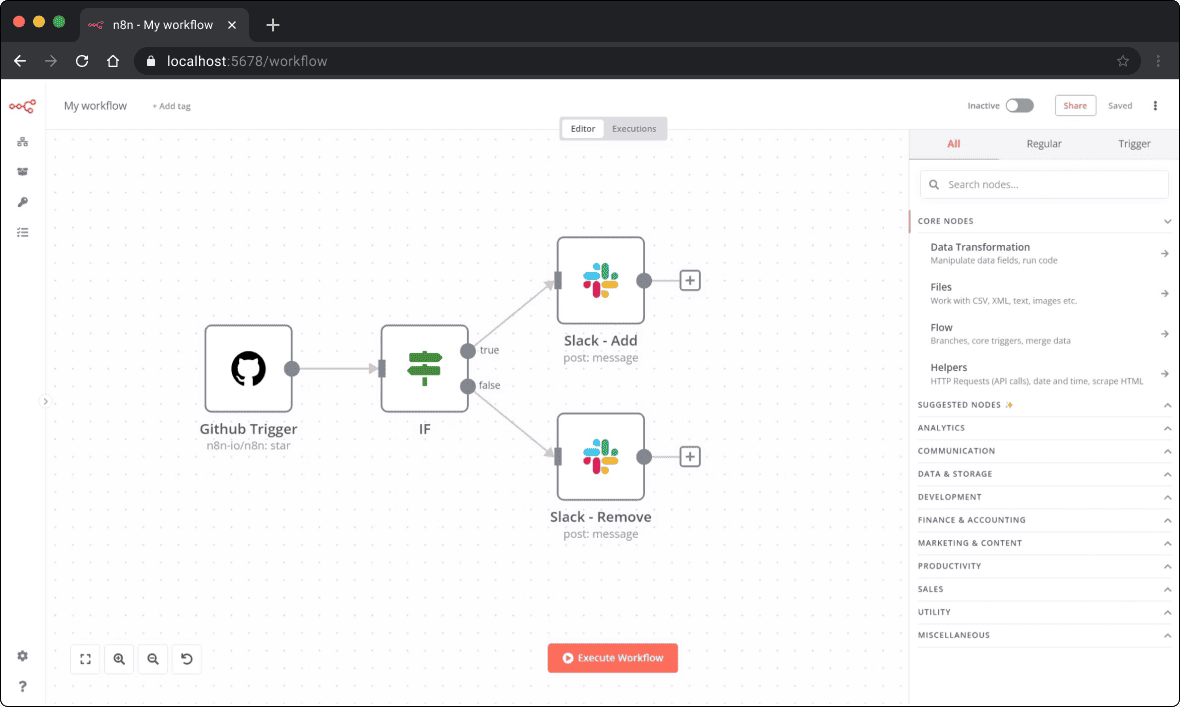 n8n workflow editor screenshot for no-code AI workflow automation tools