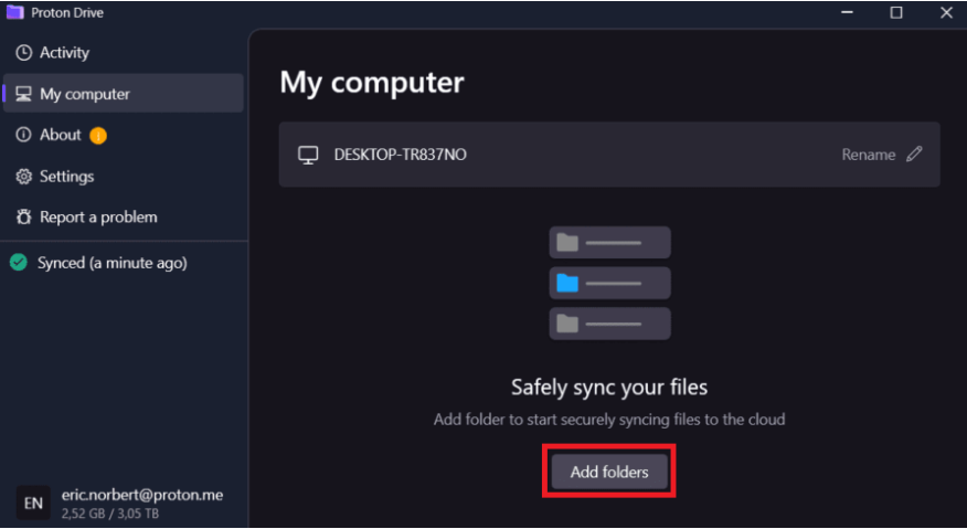 Proton Drive Windows app showing the Add folders control