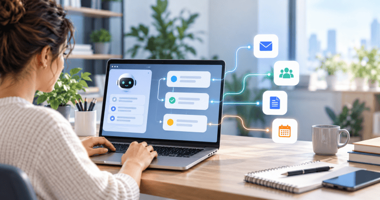 Small business owner using AI automation tools for email CRM documents and workflow tasks