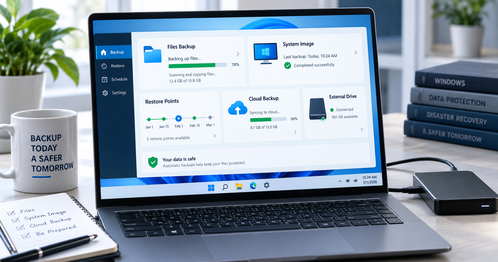 best free backup software for Windows dashboard with system image restore points cloud backup and external drive