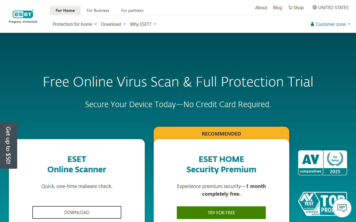 ESET Online Scanner official download page screenshot