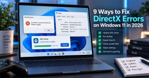 fix DirectX errors on Windows 11 troubleshooting dashboard with dxdiag GPU driver and repair checklist