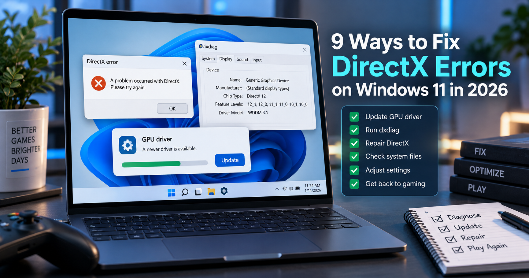 fix DirectX errors on Windows 11 troubleshooting dashboard with dxdiag GPU driver and repair checklist