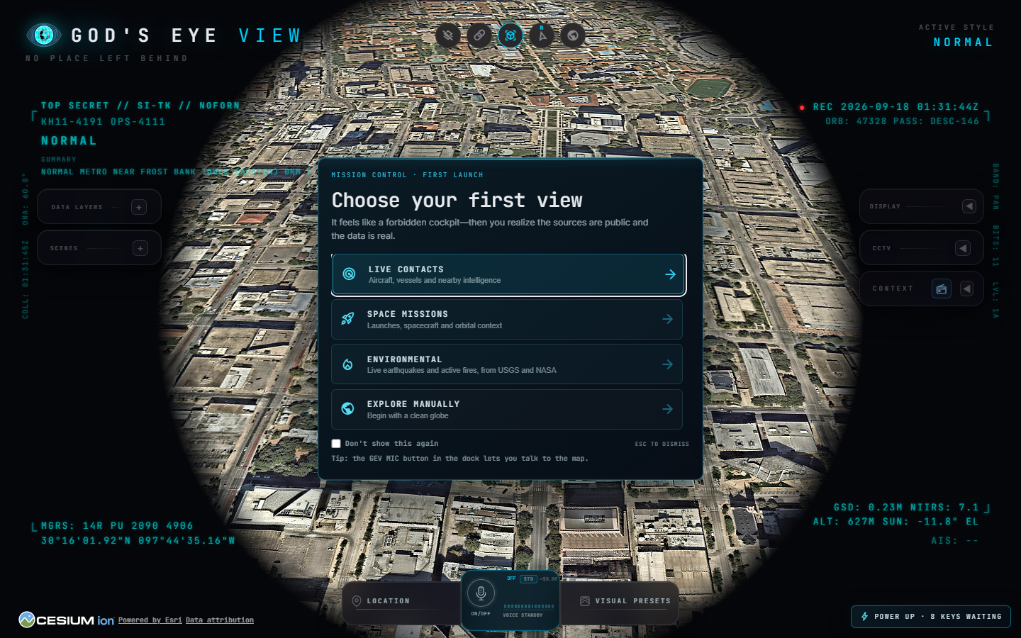 God's Eye View first-run mission selector after a keyless local install