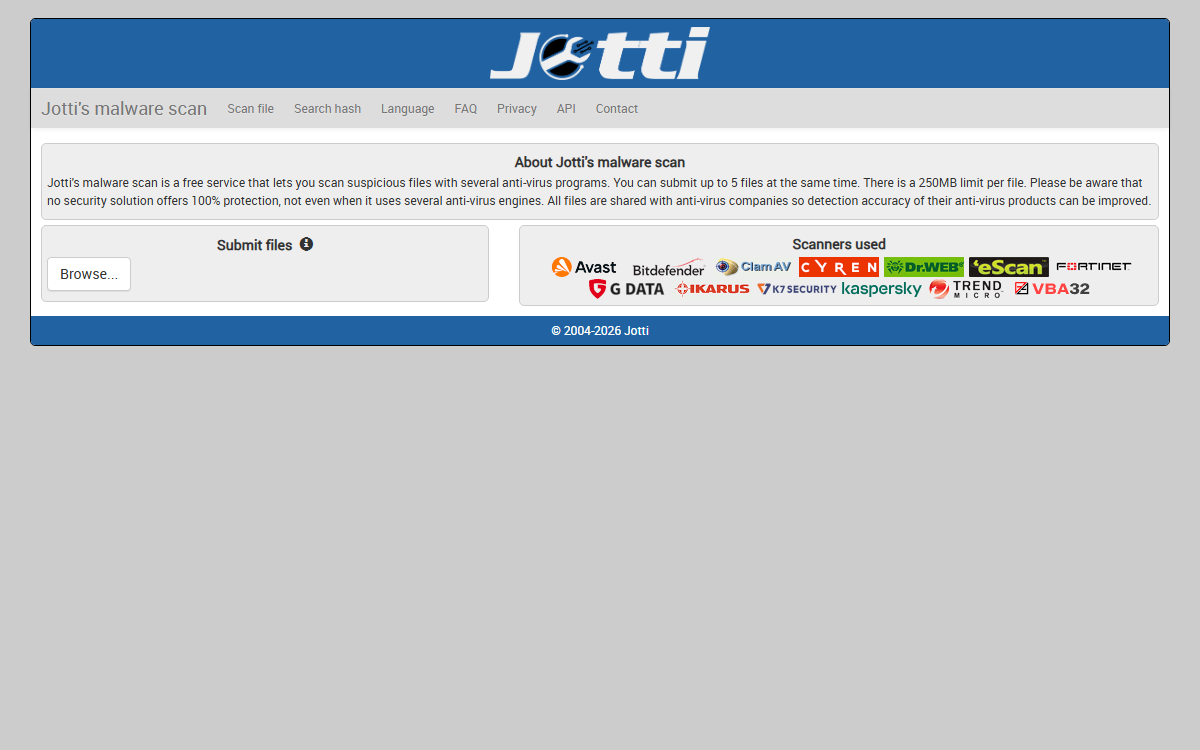 Jotti Malware Scan file upload interface screenshot