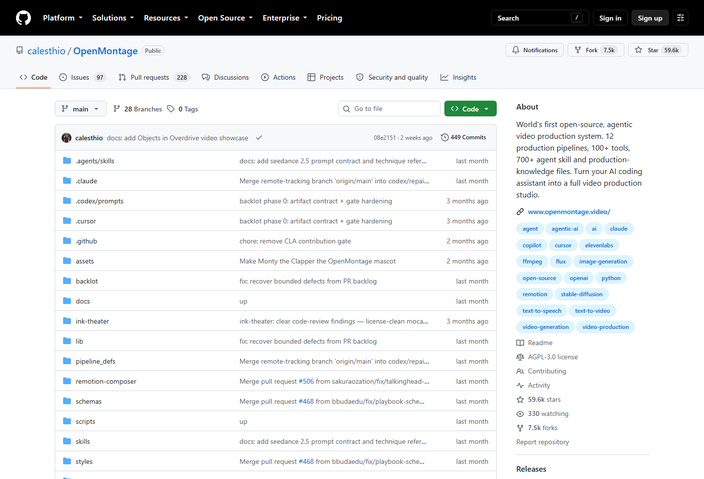 OpenMontage GitHub repository screenshot for open-source AI video production setup