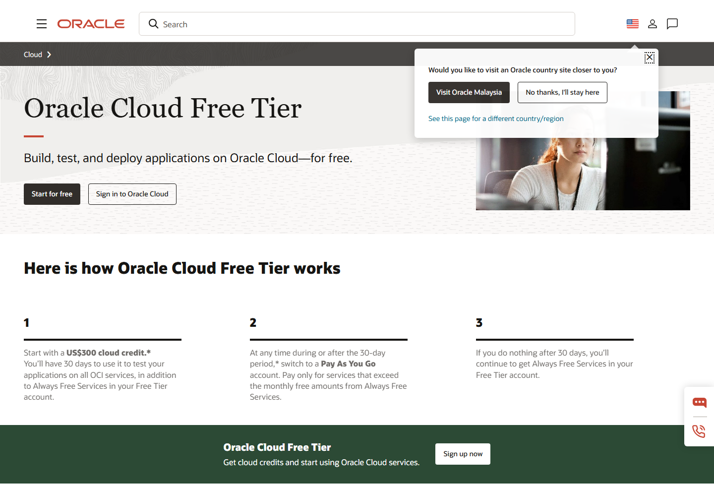 Oracle Cloud Free Tier official page screenshot for Always Free AI server setup
