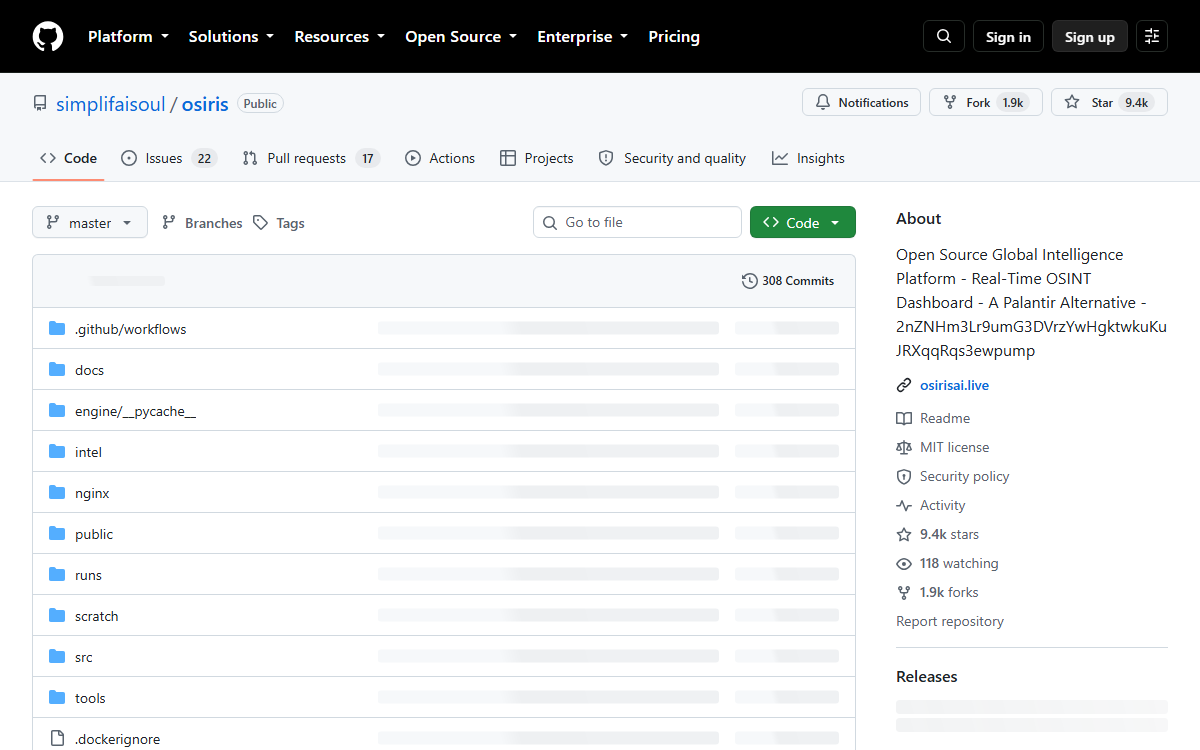 OSIRIS GitHub repository screenshot for open-source intelligence dashboard