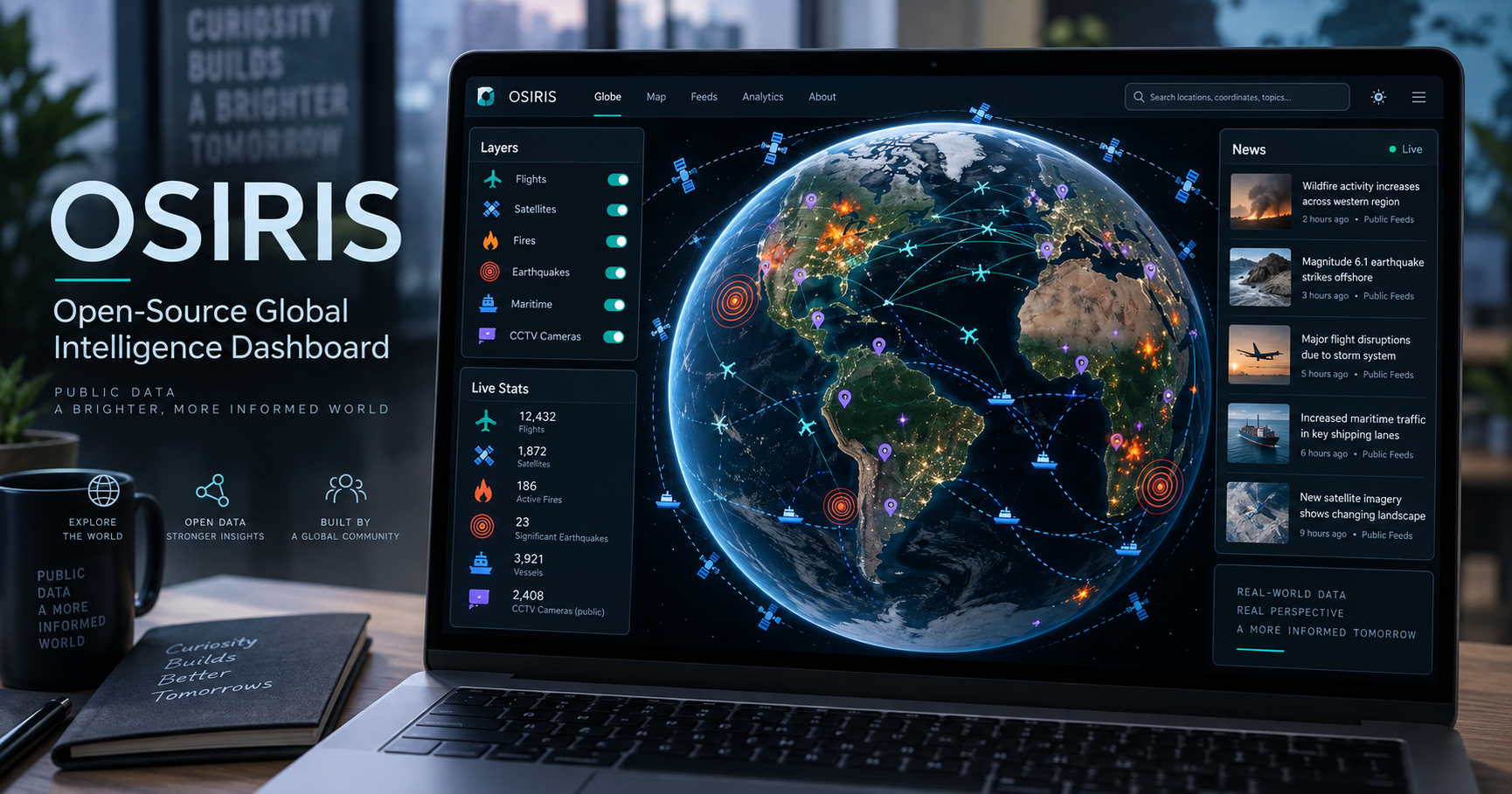 OSIRIS open-source intelligence dashboard with public feeds on a 3D globe