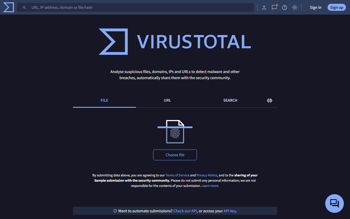 VirusTotal online virus scanner interface screenshot for file and URL checks