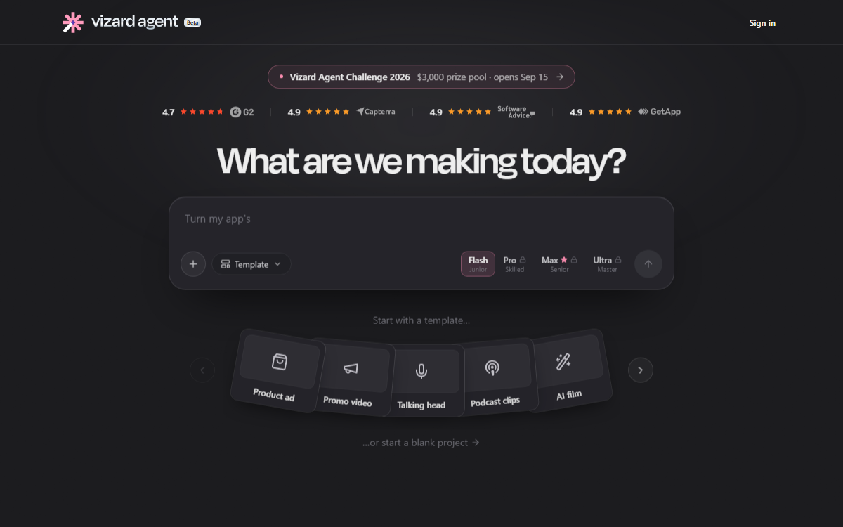 Vizard Agent official AI video editing interface screenshot