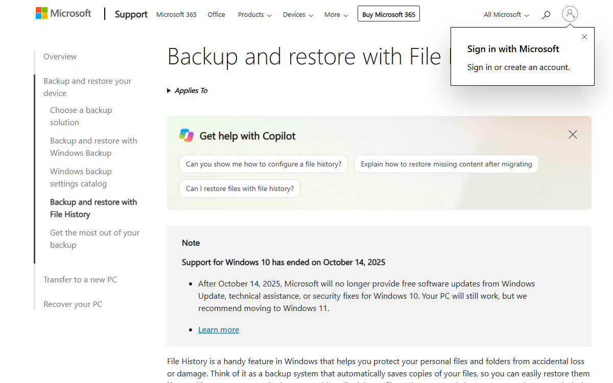 Windows File History Microsoft Support backup and restore page screenshot