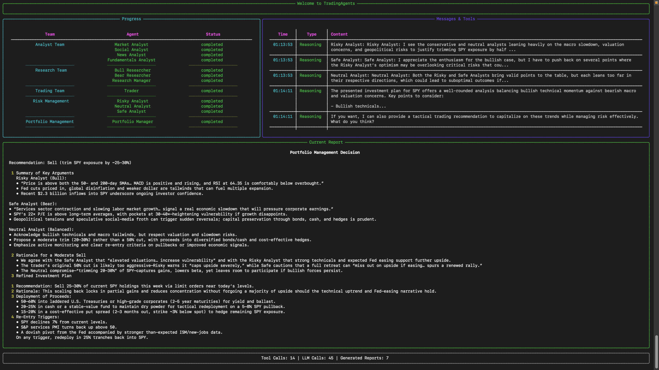 TradingAgents CLI showing completed analyst teams and a simulated research decision