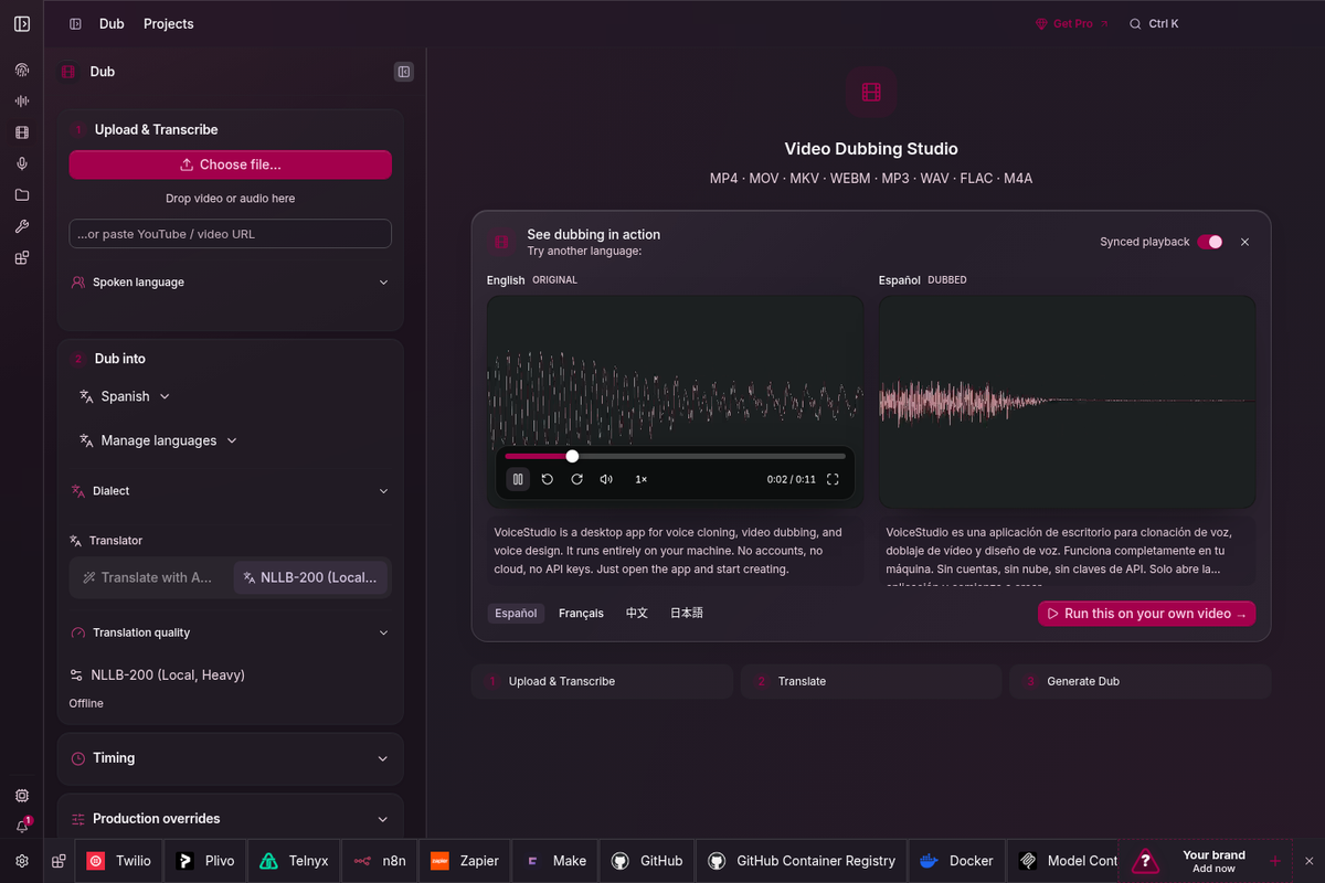VoiceStudio video dubbing interface with local translation and timing controls