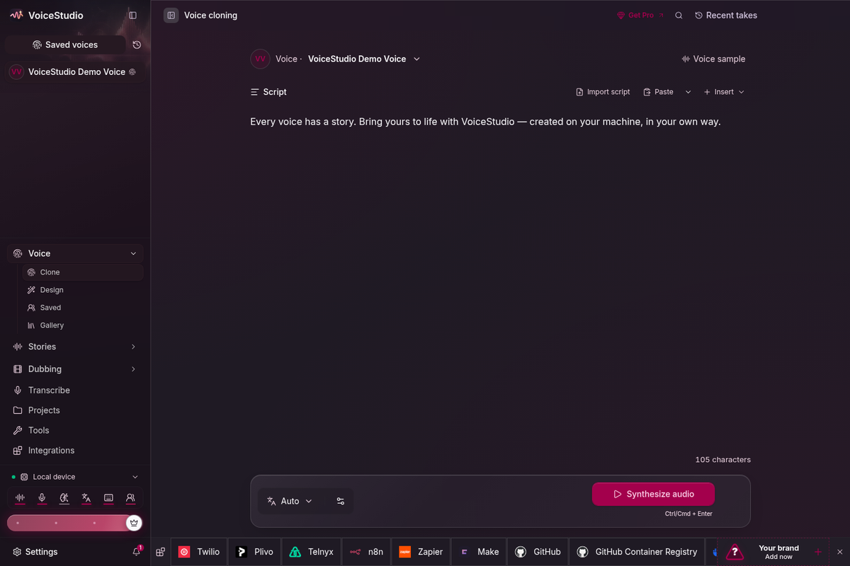 VoiceStudio voice cloning interface with saved voice and script editor