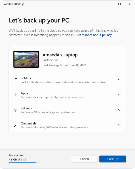 Windows Backup app showing OneDrive folder backup options