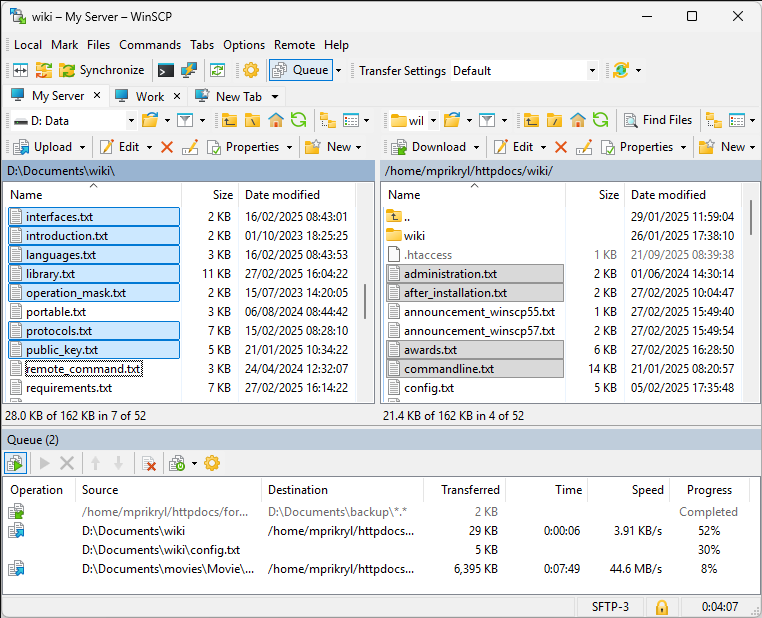 WinSCP Commander interface with local and remote file panes